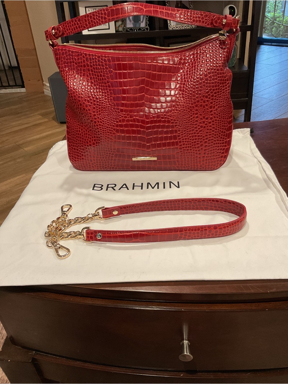 Brahmin Red Croc-Embossed Shoulder Bag with Gold Hardware